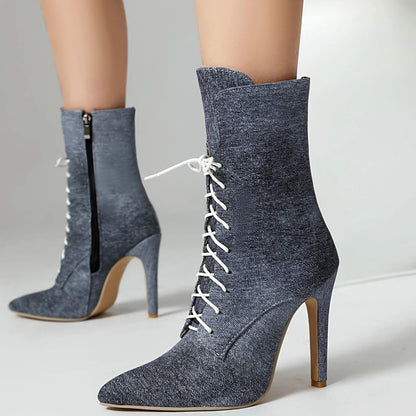 Denim Mid Calf High Heels