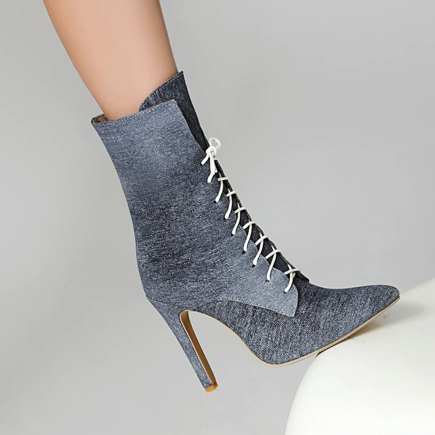 Denim Mid Calf High Heels