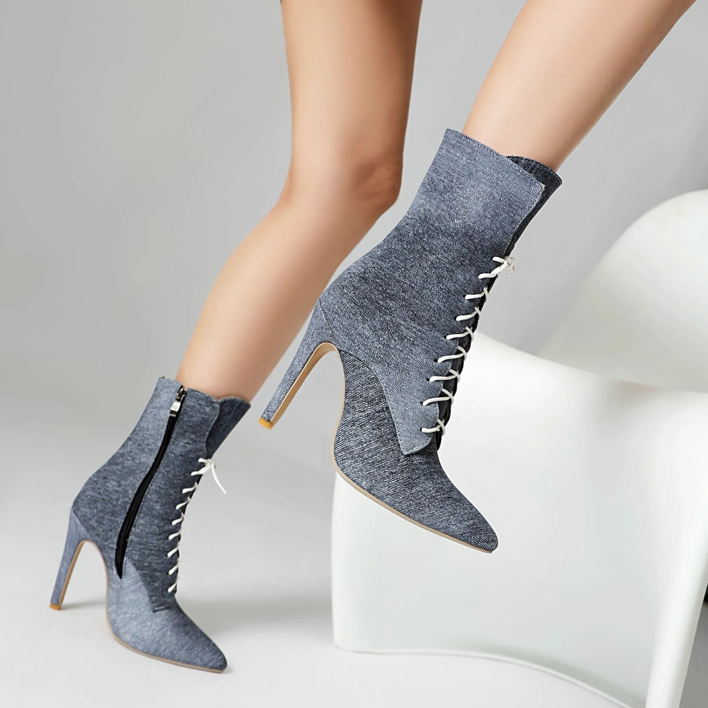 Denim Mid Calf High Heels