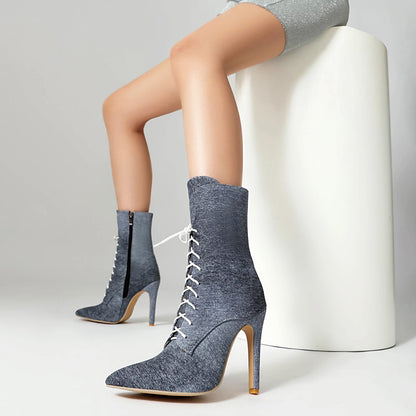 Denim Mid Calf High Heels